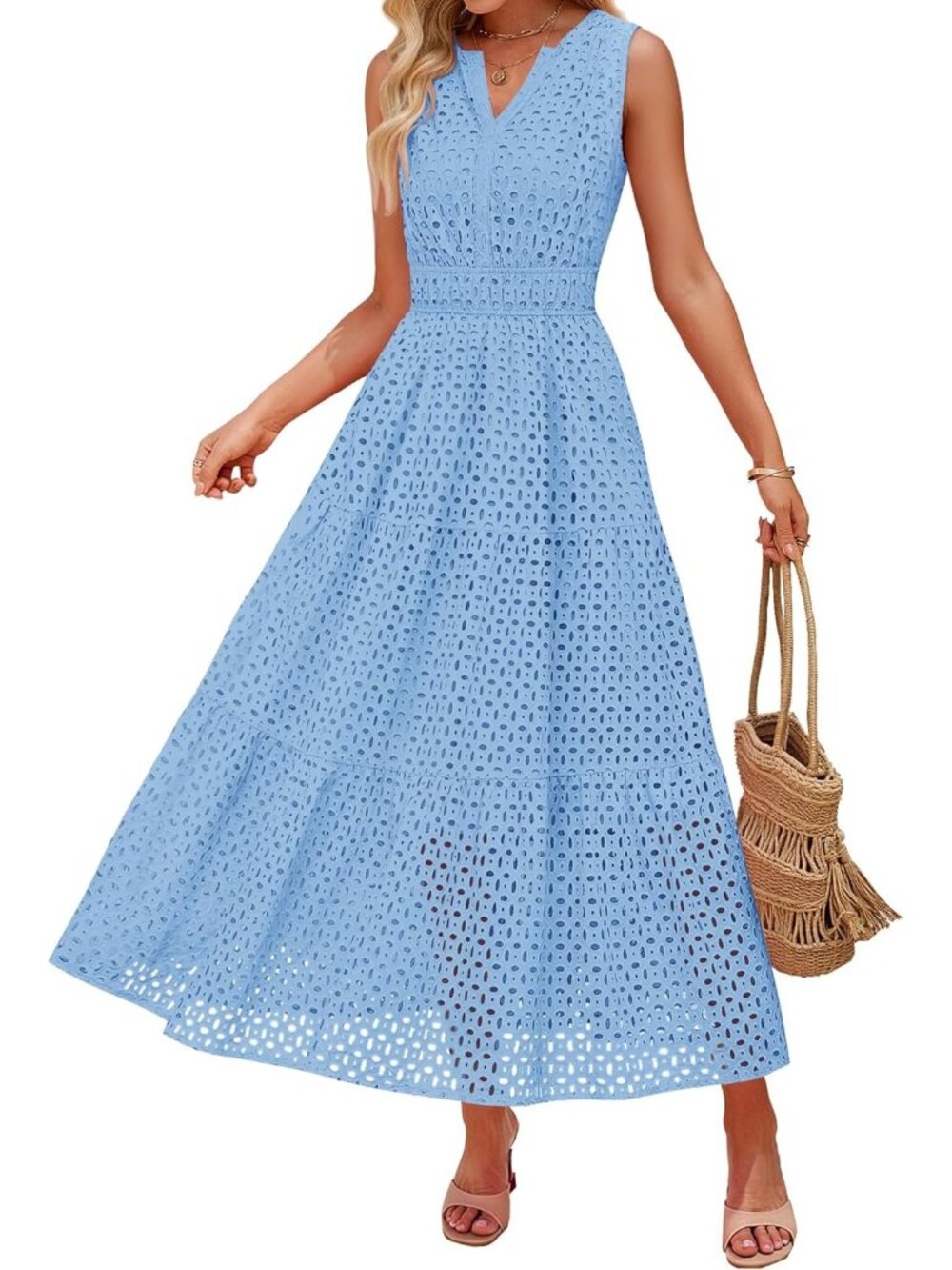 Women's Sky Blue Sleeveless Casual V Neck Pull On Imported Long Maxi Dress